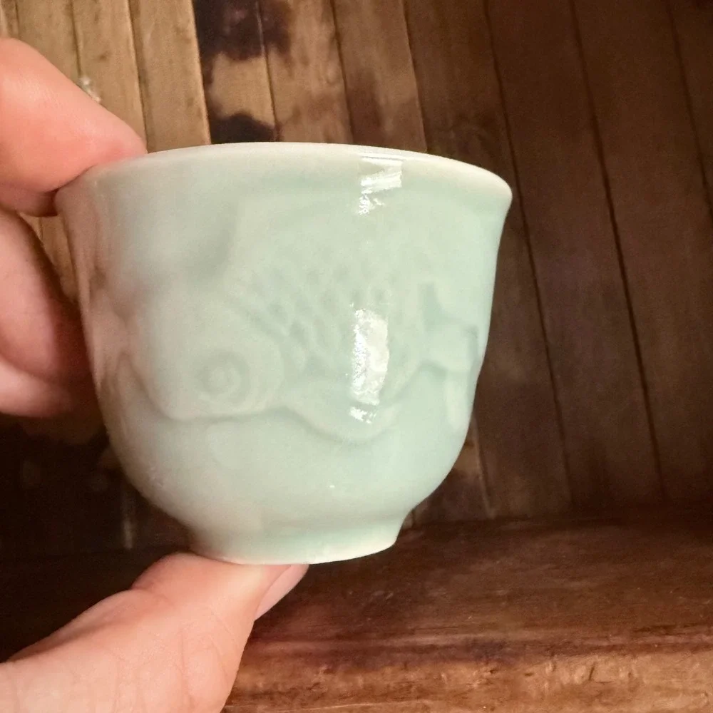 4 Celadon Koi Fish Tea Cups – Porcelain Gongfu Tea Service – Jade Green Relief
